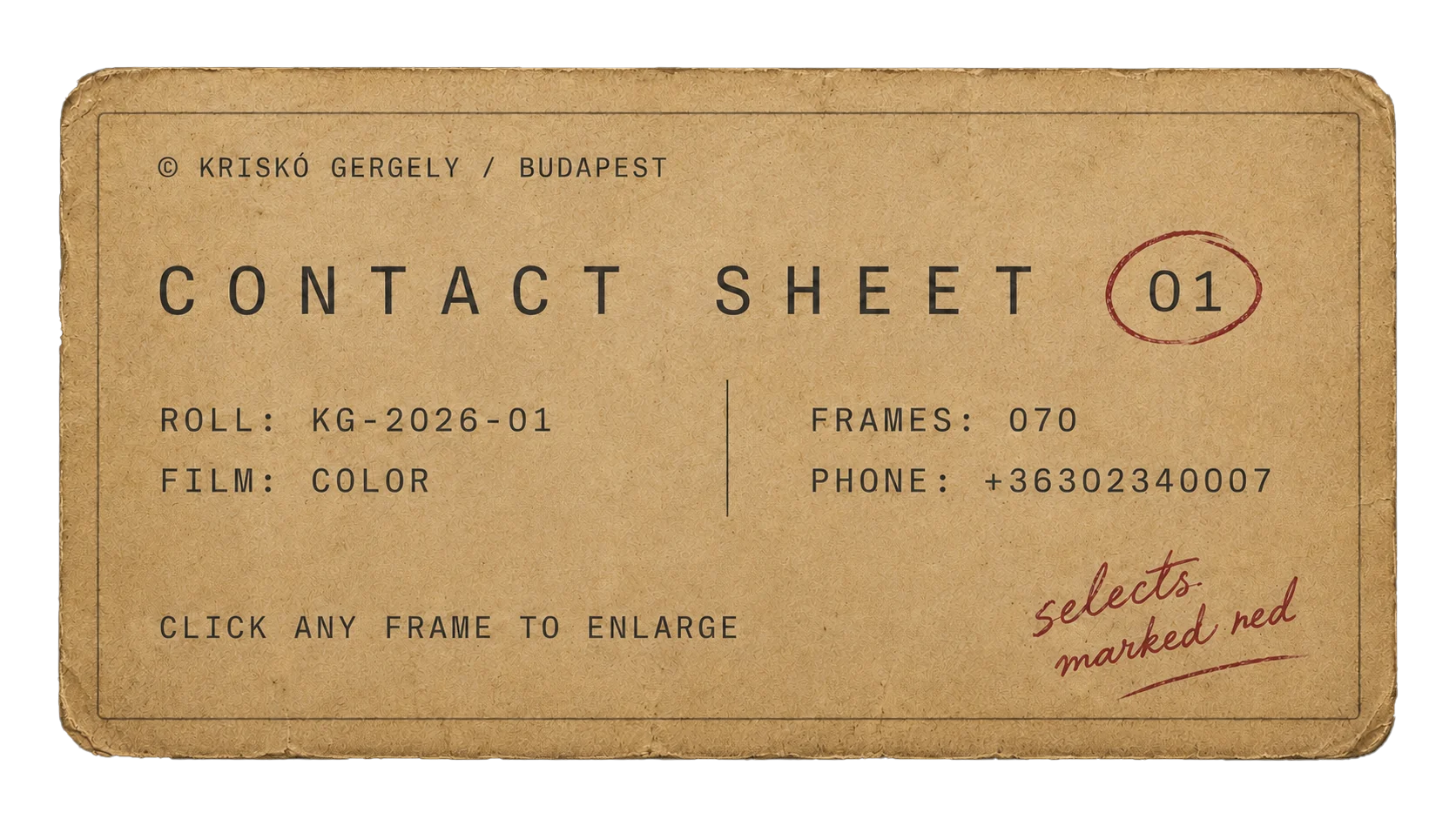 Contact Sheet 01 — © Kriskó Gergely, Budapest · Roll KG-2026-01 · Film: Color · 70 frames